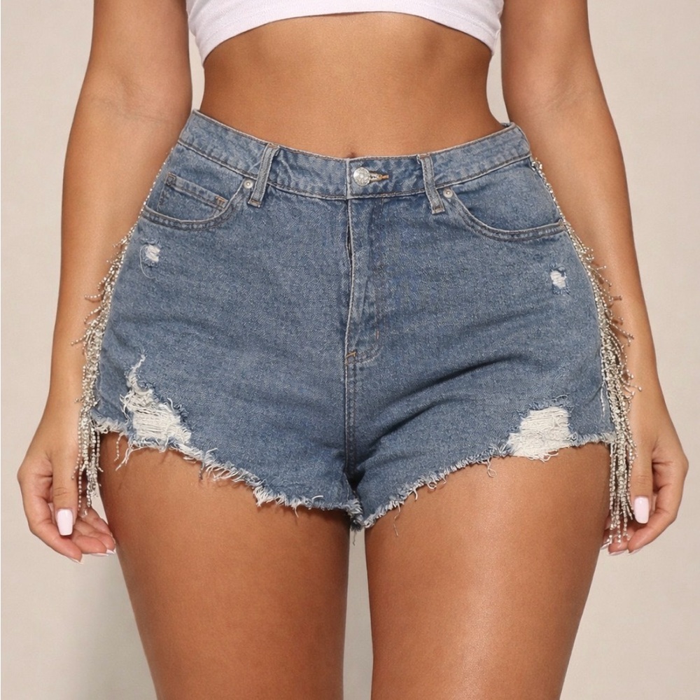 Fashion Nova Blue Distressed Denim Shorts with Side Chain Fringe